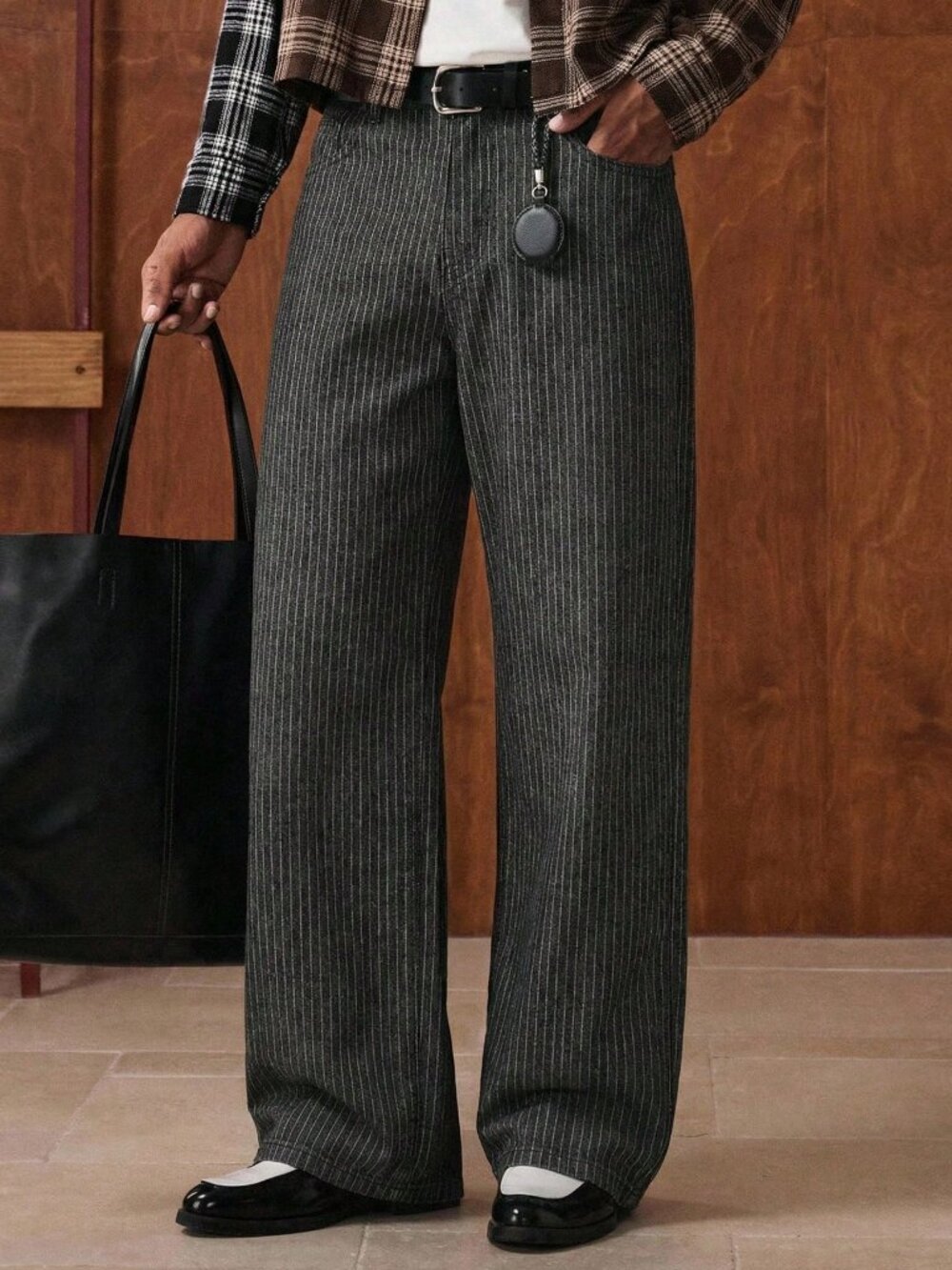 Black Casual Men's Striped Loose Wide Leg Jeans